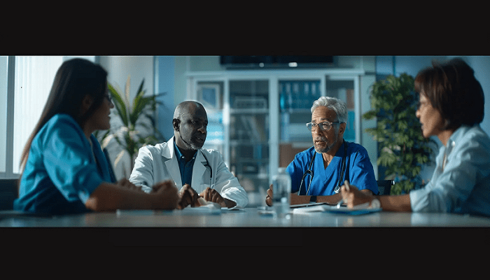 The Importance of Knowledge Management in Improving Patient Outcomes Healthcare professionals discussing knowledge management for healthcare industry while sitting at a conference desk